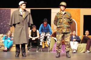 The Inexplicibly Omniscient Inspector (James Maguire) and Respected General (Anthony Gonzalez) discuss motives during  a rehearsal of "Murder in the Knife Room," at  Washougal High School.