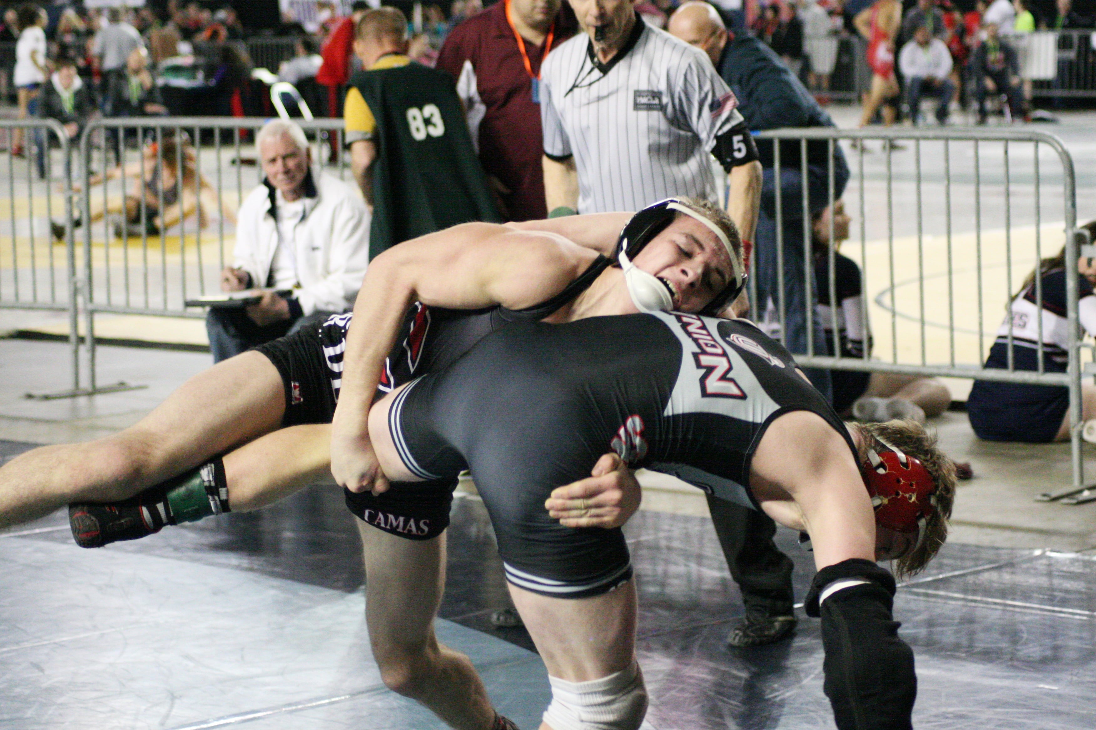 Bryant Elliott goes for broke in his last Camas High School wrestling match.