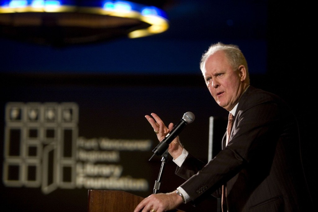 VIVIAN JOHNSON for The Columbian
Lithgow makes an emphatic point during his speech before 900 people Tuesday night.