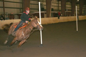 Washougal Equestrian Team President Felicia Harrison leads Tucker between the poles Saturday, in the first District Three WAHSET meet at the Clark County Fairgrounds.