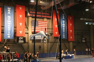 Nick McAfee performs on the rings during the Blackjack National Men's Gymnastics Championship Feb. 3, in Las Vegas. The 16-year-old from Camas racked up 77.35 points in six events to finish in third place in the all-around competition.