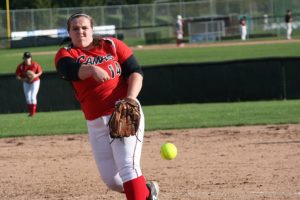Katie Schroeder unleashes a wicked pitch for the Papermakers Wednesday. The Camas High School senior was unhittable from the circle and struck out 15 Prairie Falcons in a 6-0 victory. She also drove in three runs at the plate on a home run and a double.