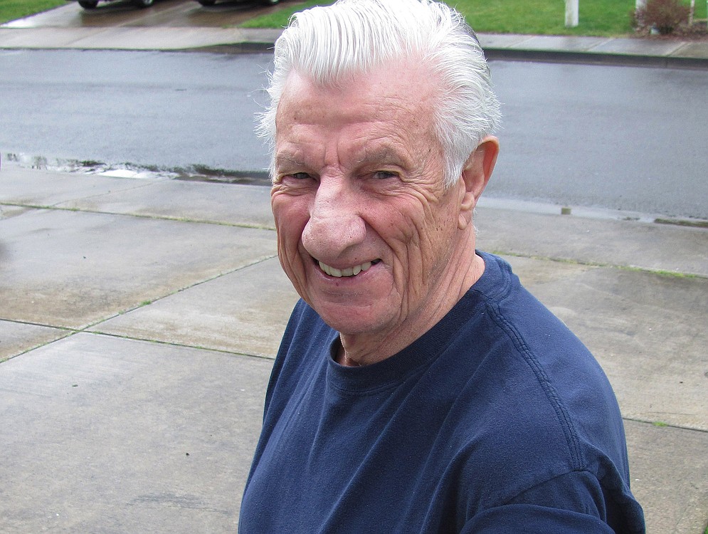 Jerry Barber, of Camas, shows the tattoo he reluctantly received 55 years ago. He served in the Navy for four years. "My shipmates got me drunk and said, 'you're going to wear your dolphins forever,'" Barber said. "The tattoo was clearer [back then]."