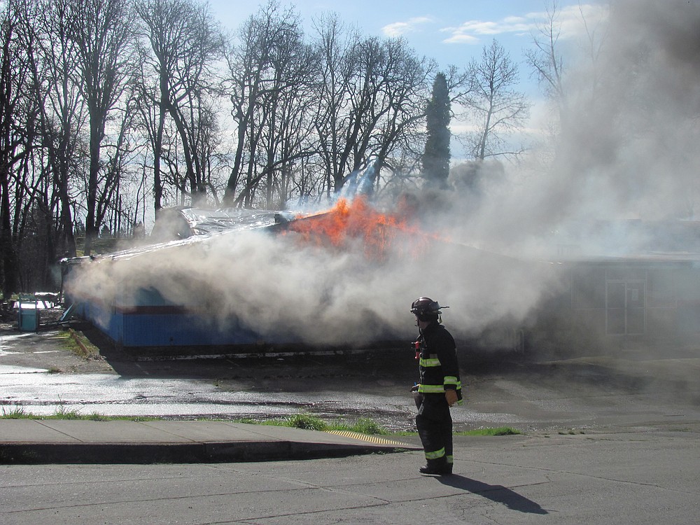 Fire department training burn at the former Riverside Bowl in Camas on March 24.