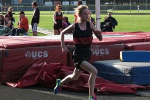 Courtney Owens kicks to the finish line first in the 3,200-meter run Thursday, at Longview Memorial Stadium. The freshman also won the 1,600 for Washougal.
