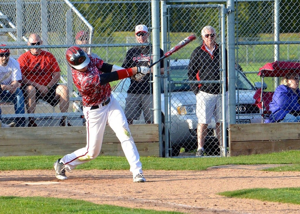 Reilly Hennessey smashes the final pitch of the game over the fence for a 3-run home run to help the Camas High School baseball team beat Skyview 14-2 Monday, in Camas.