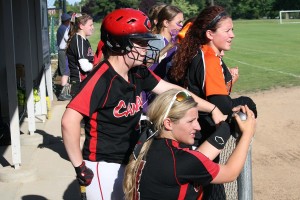 Camas softball players Hannah Welborn and Lena Richards cheer with their teammates during the All-Star Challenge Wednesday.
