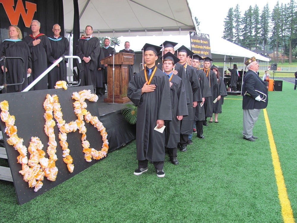 WHS seniors who will serve in the military were acknowledged in front of the crowd, as members of the Veterans of Foreign Wars Post 4278 presented the national colors and the WHS band performed the National Anthem.