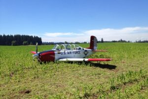 Contributed photo
A 1954 Beechcraft plane owned by David and Susan Holt, of Port Ludlow, Wash., made an emergency landing near Grove Field Airport north of Camas Friday morning. The couple were not injured. FFA officials are investigating the incident.