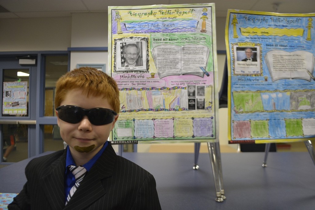Miles McCaulky researched Steven Spielberg for the Famous Person Museum, and added to his presentation by adopting some of the famed movie director's signature look.