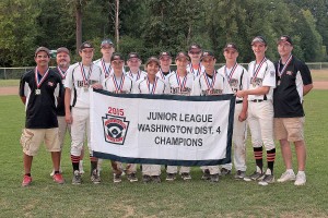 The East County Little League junior level all-star team earned the district championship, at Hockinson Meadows Park. Pictured (left to right): coach Stan Powell, coach John Dearey, Kirk Brown, Noah Merino, Kaden Corbitt, Zach Jones, Jason Powell, Lincoln Krog, Joey Dearey, Ryan Davy, Alex Orr, Brandon Connell, John Miner and manager Eric Miner. Not pictured: Zach Convey.