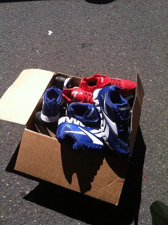 Donations at the Camas Farmer's Market included baseball bats and a box of cleats. The Clark County Equipment Exchange Program also accepts baseball pants, gloves, football helmets, pads, soccer balls, shin guards, basketball shoes, tennis racquets, balls and golf shoes, clubs and tees for boys and girls.