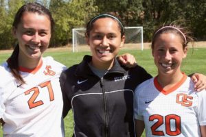 Olivia Lovell, Eryn Brown and Brittney Oljar (left to right) reconnected on the soccer field Friday, at Tualatin Hills Recreation Park in Beaverton, Ore. These three Camas High School graduates helped the Papermakers finish in third place at state in 2009.
