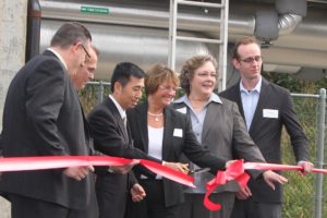 WaferTech unveiled its $1.6 million energy conservation project on Thursday. Industry executives, and local and regional elected officials were on hand to mark the occasion including (left to right) Camas Mayor Scott Higgins, 18th District State Sen. Joe Zarelli, WaferTech President KC Hsu, Clark Public Utilities Commissioner Carol Curtis, Columbia River Economic Development Council President Lisa Nisenfeld, and David Moody of the Bonneville Power Administration.