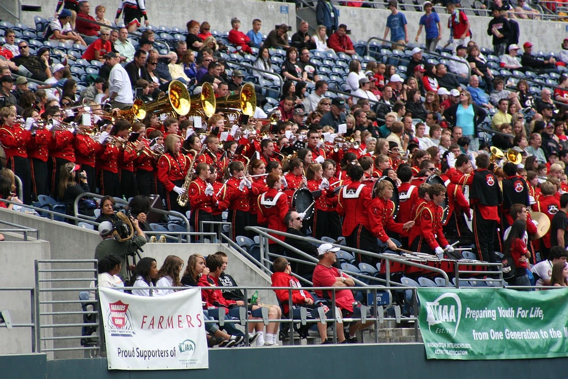 The Camas High School Marching Band plays the "Papermakers go rolling along" fight song.