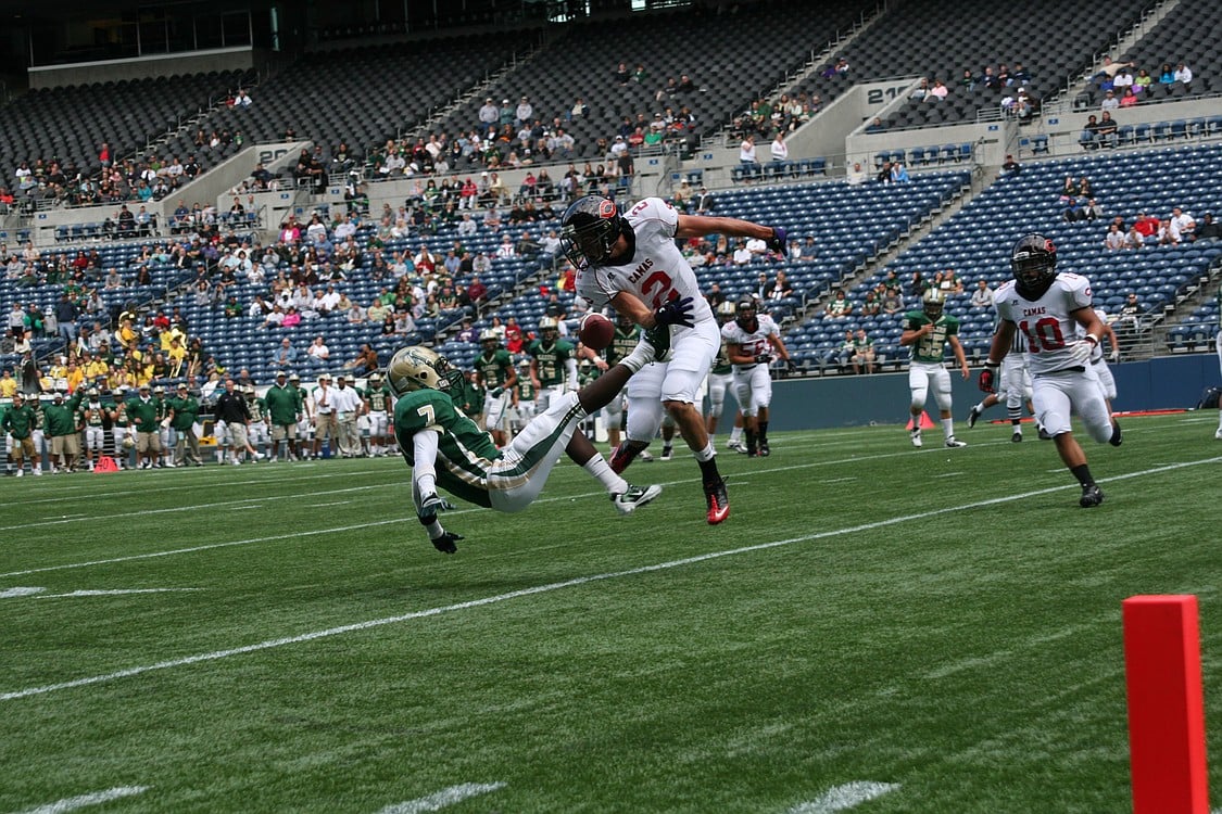 Brent Hill (2) jars the ball out of the Timberline receiver's grasp.