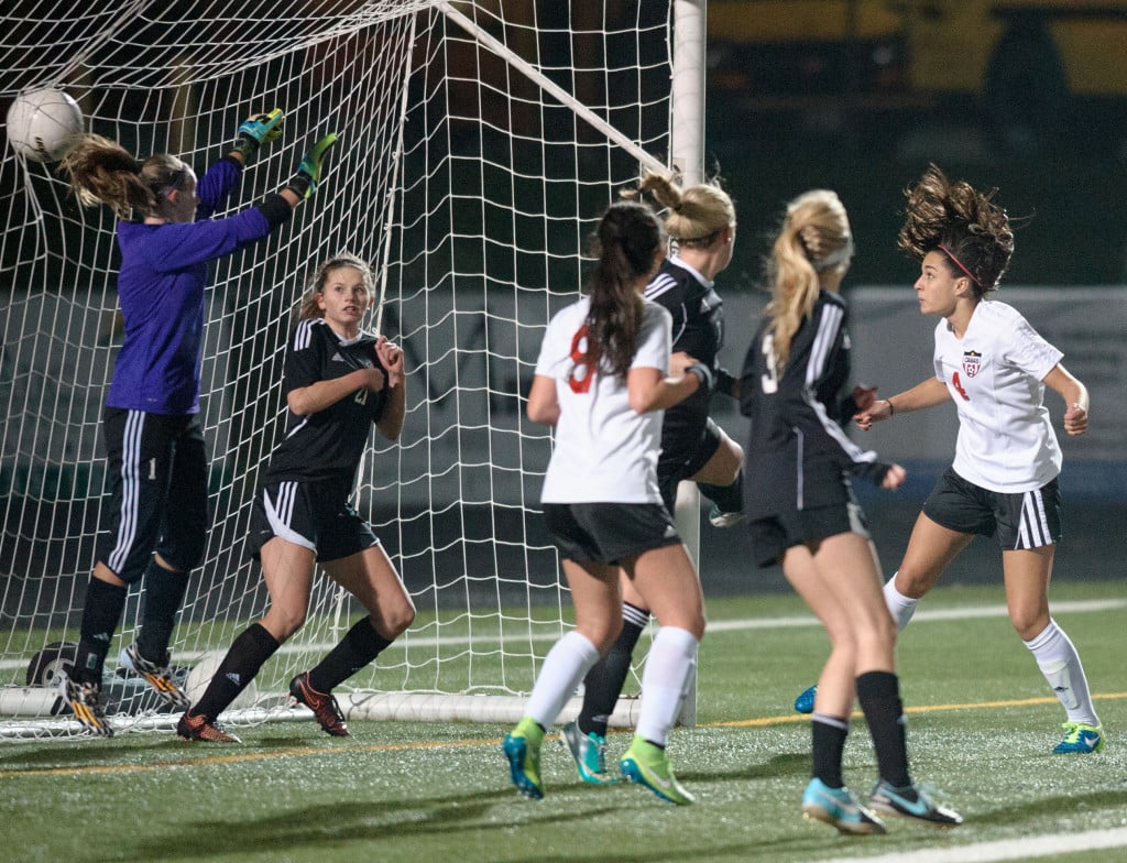 Maddie Kemp broke a scoreless tie for Camas with a header goal in the 57th minute of a state playoff game against Lake Stevens Nov. 10, at Doc Harris Stadium. Photo courtesy of Jeff Jasinsky