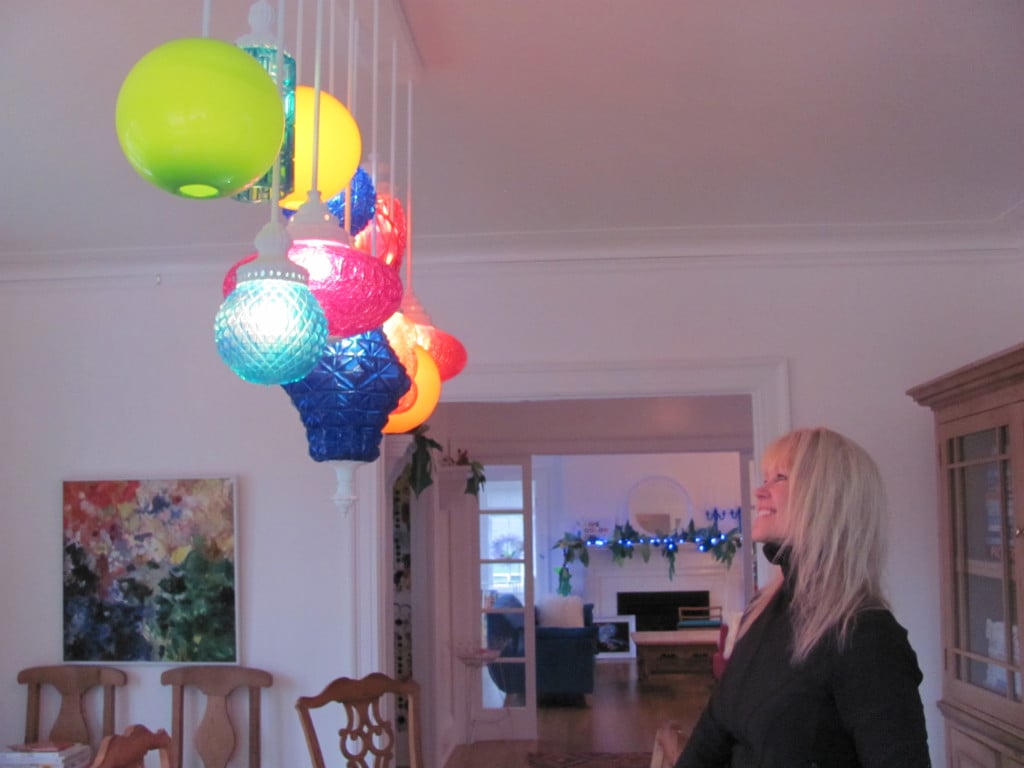 This dining room light fixture of vintage swag lamps, is the result of a collaboration with a Portland artist. 