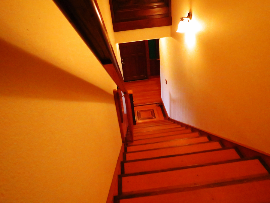 The staircase and handrail in Skinner's home are carved from various salvaged Douglas fir wood pieces. The width of the staircase was designed based on the pocket door above it, which is from an old house in Portland.