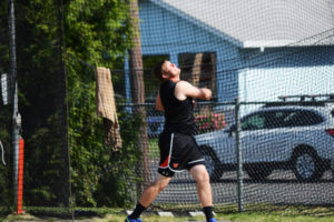 Washougal's Josh Bischoff unleashes a 161-foot, 5-inch discus throw to win the 2A sub-district championship Friday, at Fishback Stadium. 