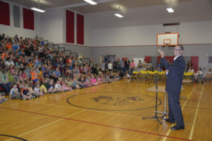 Mike Stromme, Washougal School District superintendent, congratulates students at Hathaway Elementary for having their school named one of distinction by the State Board of Education. (Contributed photo)