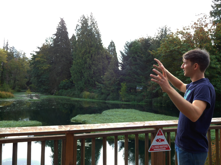 Erik Horngren, workshops coordinator at Columbia Springs, describes some of the best bird watching areas. 