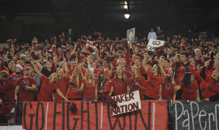Camas fans get excited for the state championship football game to start at the Tacoma Dome.