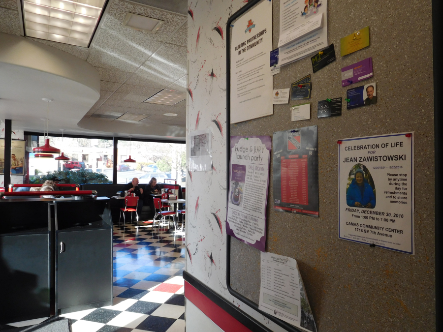A flyer about Jean Zawistowski's celebration of life service was posted on the community board at Burgerville, in Camas. General Manager Steffany Hoyt said employees would often sit with Zawistowski during their breaks. "She was absolutely one of the sweetest guests," Hoyt said. 