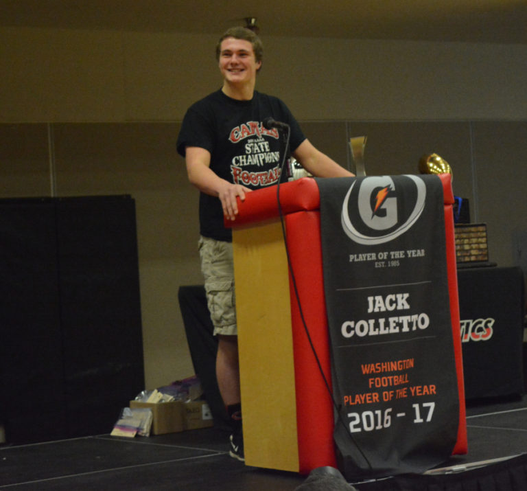 Camas quarterback Jack Colletto accepts the Gatorade Washington Football Player of the Year award.