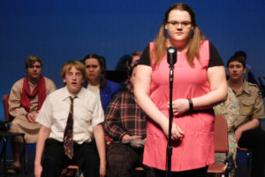 Olive Ostrovsky, played by Rachel Lyall, tries to figure out a spelling word. 'The 25th Annual Putman County Spelling Bee,' will open Thursday at Washougal High School.