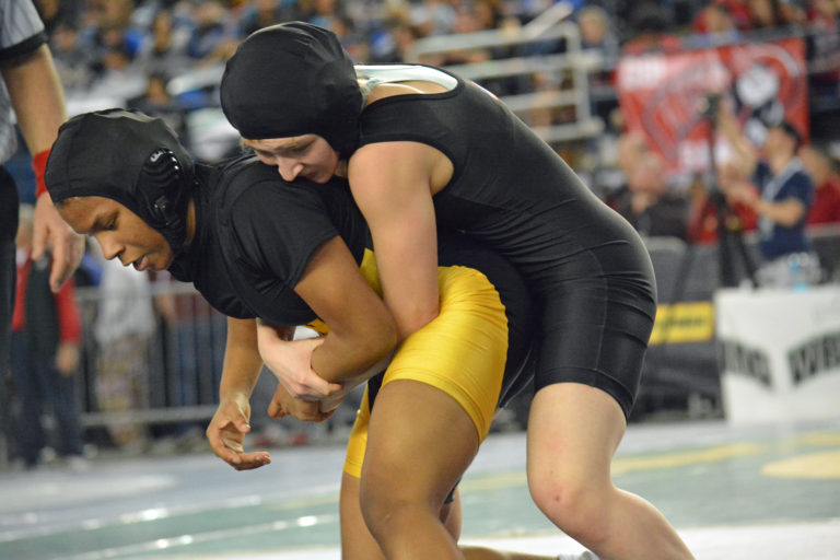 Lacy Dunlop earned eighth place for Camas in the state 115-pound girls wrestling bracket at the Tacoma Dome Saturday.