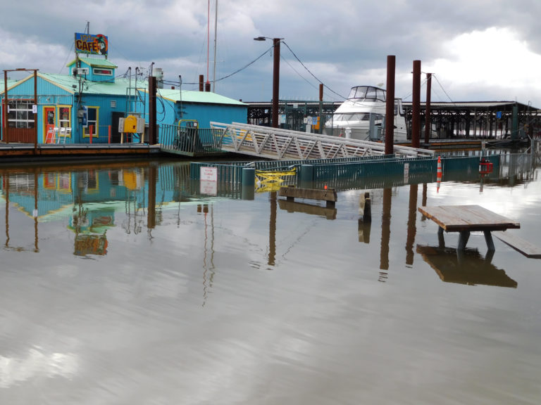 The main access to the Puffin Cafe is underwater. Customers can still access the restaurant from the one dock that remains afloat, but who knows for how long?
