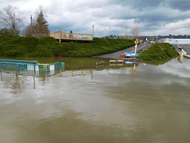 View of the rising Columbia River from the one dock still accessible from the Port of Camas-Washougal.