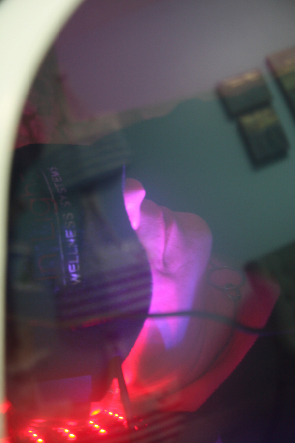A client demonstrated the use of a hyperbaric oxygen chamber during the March 3 grand opening of Peace Yourself Together LLC. The wellness center, in Camas, offers energy balancing, LED and vitamin D light therapies. 