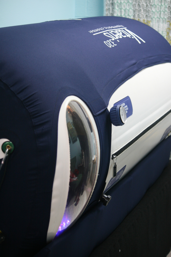A hyperbaric oxygen chamber is located at Peace Yourself Together. Lee Huntington, owner of the business, said spending time in the chamber puts the body in a rest and healing mode. "This is when the body can carry out its healing functions that are often put on hold when we are responding to stress in everyday life," she said. (Dawn Feldhaus/Post-Record)