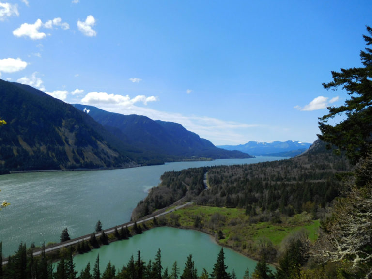 The first outlook at Dog Mountain is approximately one mile up.