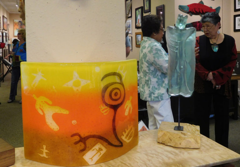 Pitt also creates works of art using the &quot;fused and slumped&quot; method (left). It involves creating multiple layers of glass, each  with its own design, and then fusing all of the layers together.