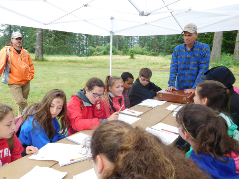 Wildlife biologist Bill Weiler helps students with a "murder mystery" activity during outdoor school.