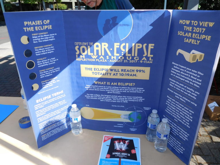 Complimentary eclipse viewing glasses were provided to the first 100 attendees of the City of Washougal’s event Monday morning. City Communications Specialist Michele Loftus said those 100 pairs of glasses were gone within two minutes. Free bottled water was also available at the viewing event in Reflection Plaza. (Photo by Dawn Feldhaus/Post-Record)