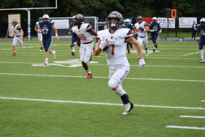 Trevor Bentley takes off for a 100-yard pick six for the Papermakers Friday, at Kiggins Bowl. Camas defeated Skyview 38-20 for its 56th consecutive non-playoff victory.