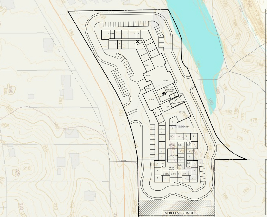An illustration gives a preliminary look at a developep's proposed 125,365-square-foot senior living facility near Round Lake in Camas. City leaders this week put the brakes on the idea and said the land will remain city-owned open space. (Contributed illustration by Ankrom Moisan Architects, Inc., courtesy of city of Camas)