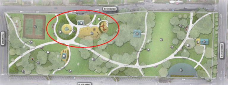 This illustration depicts "Option 2," the recommended option, for replacing the swimming pool at Crown Park in Camas with a large, interactive water feature. The area circled in red, which includes the water feature, a nearby playground, new restroom and improved paths, could be a potential "phase one" of the entire project, if the city decides to move forward with the $5.2 million option.
