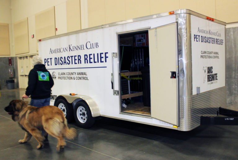 Greater Clark County Kennel Club President Don James leads his his dog, Mickey, a 22-month-old grand champion show dog, past the pet disaster relief vehicle the local kennel club purchased two years ago.