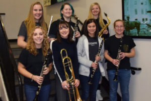 From the top, clockwise, Katie Boon, Chloe Seymour, Bridgette McCarthy, Emma Hein, Phoebe Walker, Sydney Mederos and Tessa Anderson are seven of the eight students from Washougal High School who were accepted to play in the Northwest High School Honor Band at Pacific Lutheran University. The eighth member, Emily Johnson, is not pictured. The students were among 250 students from Washington, Oregon and Idaho selected to play in the prestigious regional honor band. 