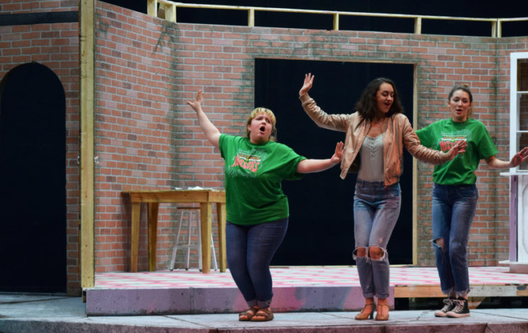 From left to right: Maddie Bertalot, Catherine Garcia and Grace Ireland, who play the three street urchins and Greek Chorus in the upcoming Camas High performance of &quot;Little Shop of Horrors,&quot; rehearse their opening act on Monday, March 5.