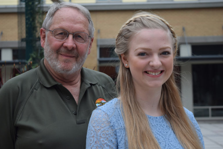 Washougal Councilman Paul Greenlee and Washougal High School senior Bridgette McCarthy pose for a photo in downtown Washougal on Saturday, March 24. McCarthy was awarded the Marshall Youth award, an award given to one clark county youth annually.