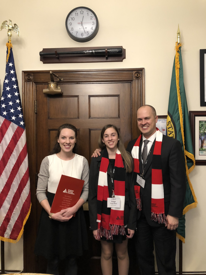 Left to right, Anna Breen, health care legislative assistant to Jamie Herrera Beutler, Paige Maas and Brad Maas in Washington D.C. Paige Maas has visited Washington D.C. three times and the Washington State capital in Olympia once as an advocate for people with diabetes with the American Diabetes Association. (Contributed photo courtesy of Brad Maas)