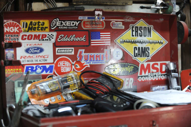 Tom Farris' tool box includes bumper stickers he has accumulated during his more than 20 years as a mechanic.