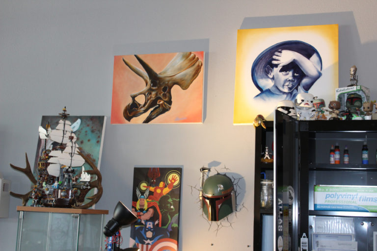 Oil paintings by artist Ryan &quot;Boomer&quot; Boomhower, hang at Boomhower&#039;s 3rd Heart Tattoo shop at 1830 Main St., in downtown Washougal. Boomhower is one of 18 artists opening their studio space and showing their original designs at the upcoming Washougal Studio Artists Tour on Mother&#039;s Day weekend, May 12-13.
