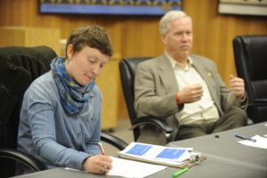 Alex Yost (left) takes notes while Blaine Peterson talks during the the March 23, 2018, meeting of the Washougal Citizens Advisory Committee, at Washougal City Hall. (Post-Record file photo)